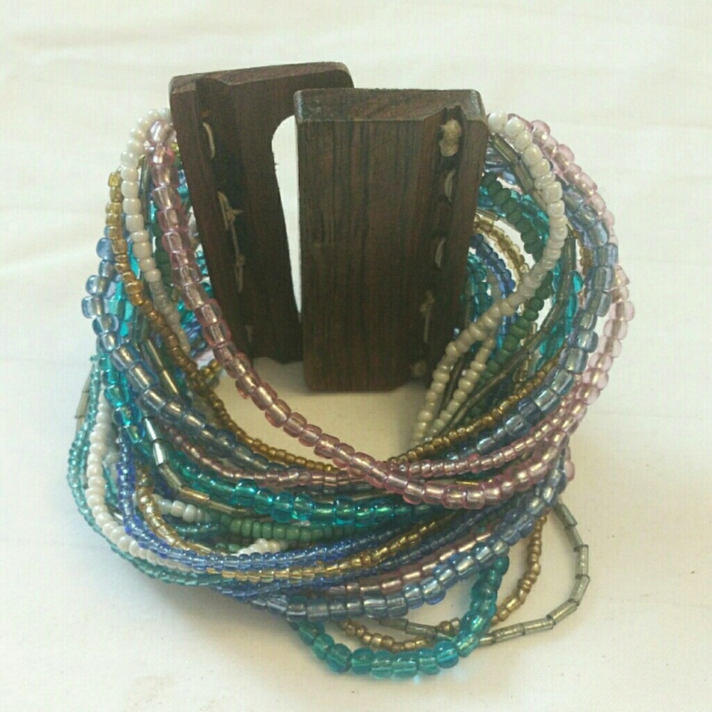 Multicolored layered beaded bracelet w/ wood clasp